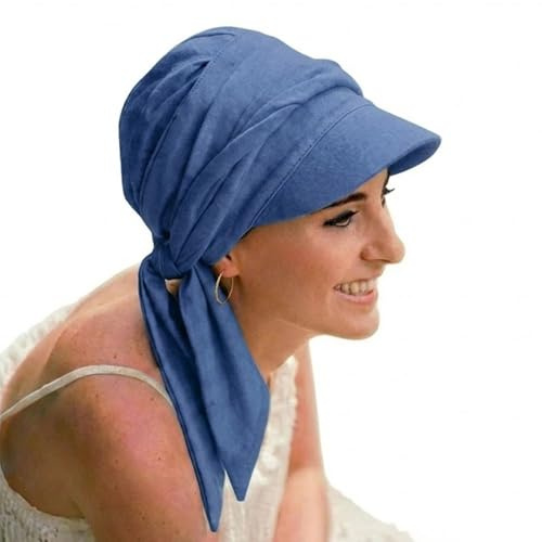 CAREBELL Gorra Amalfi con Cintas largas para Alopecia, pérdida de Cabello, Cáncer en Tejido de bambú (AZULON 06)