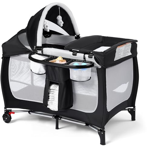 Kinder King 4 in 1 Portable Pack and Play, Baby Playard w/Bassinet, Large Playpen for Infant and Toddler, Newborn Changing Table, Adjustable Canopy, Storage Basket, Travel Bag, Black