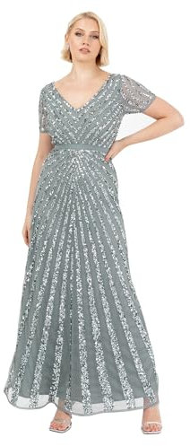 Maya Deluxe Women's Maxi Ladies Embellished Sequin Dress Long Short Sleeve V Neck High Empire Waist A Cut Shiny Prom Wedding Bridesmaid, Misty Green, 18