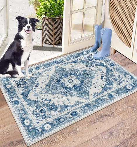 Capslpad Door Mat Indoor 50x80cm, Non-Slip Dirt Trapper Door Mat, Machine Washable Entrance Rug, Vintage Medallion Soft Inside Floor Carpet for Entryway, Front Back Door, Muddy Wet Shoes and Paws,Blue