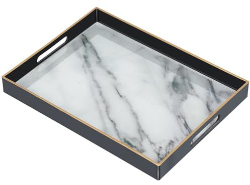 Serving Tray, Marble Plastic Food Trays for Eating on Lap Decor Coffee Tray with Handles Rectangular Non-slip Candle Plate, 40x30x4 cm Large Drinks Platter for Kitchen/Living Room/Bedroom/Party