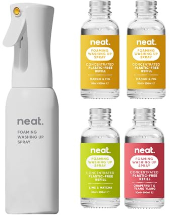 Neat Eco-Friendly Foaming Washing Up & Kitchen Spray Starter Kit – Mango & Fig, Grapefruit & Ylang Ylang & Lime & Matcha Scent, Minimal Cleaning Solution for Home (Forever Bottle & 4x 30ml Refills)