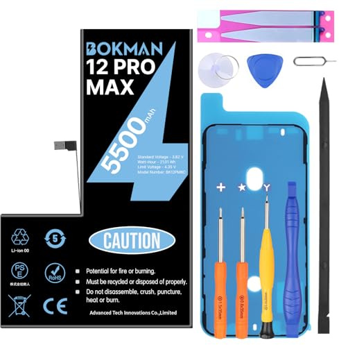 bokman Battery for iPhone 12 Pro Max, 5500mAh High Capacity Lithium Polymer Battery with All Tool Kits and Adhesive Strips