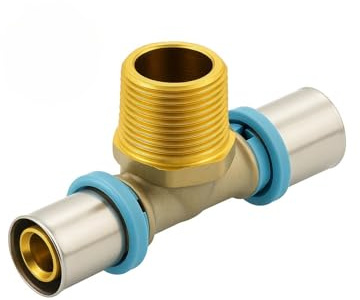 ERFU Tee maschio a crimpare multistrato - Raccordo a T, certificato DVGW, multi-profilo U/H/TH, ottone affidabile e durevole (20 mm x 3/4 x 20 mm)