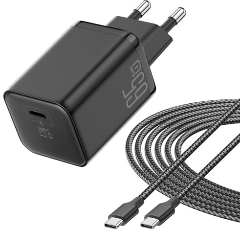 Cargador de 65W para MacBook, Carga Rápida USB C GAN II PD3.0 Cargador Portátil Compacto Compatible para iPhone 17/17Pro/16/15, para Ordenador Portátil, para Samsung con Cable Trezado de 2metros