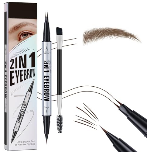 lomdung Micro ögonbrynspenna, ögonbrynspenna 2-i-1 dubbelände, torksäker ögonpenna med 2 gaffelspetsar, med dubbelsidig ögonbrynspensel, för naturlig make-up, mörkbrun