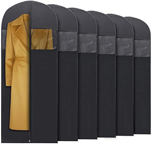 Plixio 60” Black Garment Bags for Hanging Clothes, Men Suit Bag for Travel and Clothing Closet Storage of Women Dress, Shirts, Coats, Suit Cover - Includes Zipper and Transparent Window (Pack of 6)