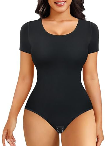 Junlan Bodysuit for Women Tummy Control Shapewear Thong Shaping Tank Top Round Neck Jumpsuits Short Sleeve T Shirts(Black,S)