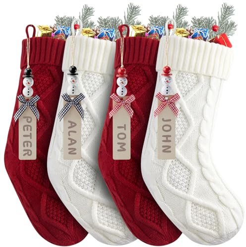 Personalized Christmas Stockings - 18 Inches Hanging Stockings with DIY Snowman Name Tags, 4 Pack Large Size Knitted Stockings for Mantels, Christmas Tree Family Holiday Decor, Red and White