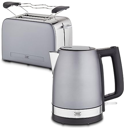 KHG Frühstücksset Wasserkocher & Toaster, Skandi Look Grau Edelstahl, 1,7 Liter & 2 Toast Scheiben, Kalkfilter, 360° Sockel, präziser Ausgießer, 6 Röststufen, Brötchenaufsatz, Krümmelschublade