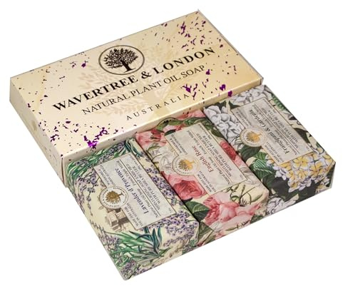 Wavertree & London Trio Gift Box (3 Bars) - 7oz Lavender, English Rose, Frangipani Gardenia Scented Moisturizing Triple Milled Natural Soap Bars - Pure Plant Oil Soap Bars for All Skin Types