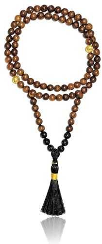 Samsara Original Mala Tibetana da Preghiera 108 Grani in Legno d'Agar AAA ed Onice - Artigianale, Rosario Buddista | 0,5cm di spazio per far scorrere le Perle | Guru e Nappa (MALA)