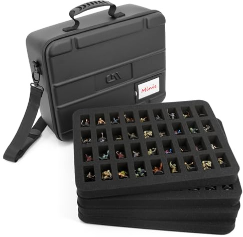 CASEMATIX Miniature Carrying Case - 144 Slot Miniature Storage Case with Four Impact-Absorbing Foam Trays For Minis, Adjustable Shoulder Strap, ID Card Holder and More!
