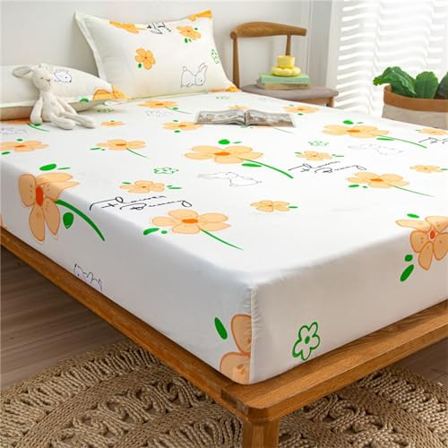 Odot Spannbettlaken für Boxspringbetten, Blumen Drucken Spannbetttücher Mikrofaser bis 25cm, Superweiches Spannbetttuch Bettlaken für Kinder Einzelbett Doppelbett (180x200cm,Orange Blumen)