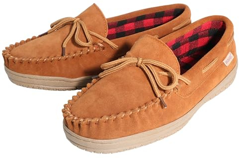 PEDOQU Men’s moccasin slippers with tie genuine leather upper memory foam slip on warm house shoes, Indoor & outdoor breathable loafer slipper for D width