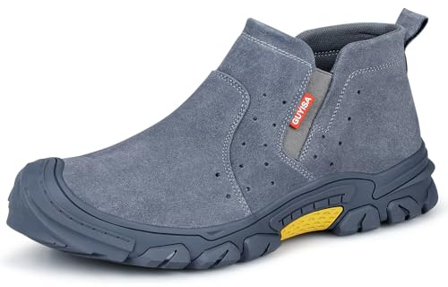GLANOUDUN Work Boots for Men Slip on Welding Steel Toe Boots Indestructible Steel Toe Shoes for Men Comfortable Men's Work Shoes Anti Smashing Construction Safety Footwear Grey,8