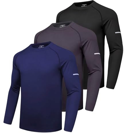 AMZSPORT 3 Piezas Camiseta de Manga Larga para Hombre Top de Secado Rápido Camiseta Funcional Capa Base para Deportes Golf Running Pesca, Negro Gris Azul XL