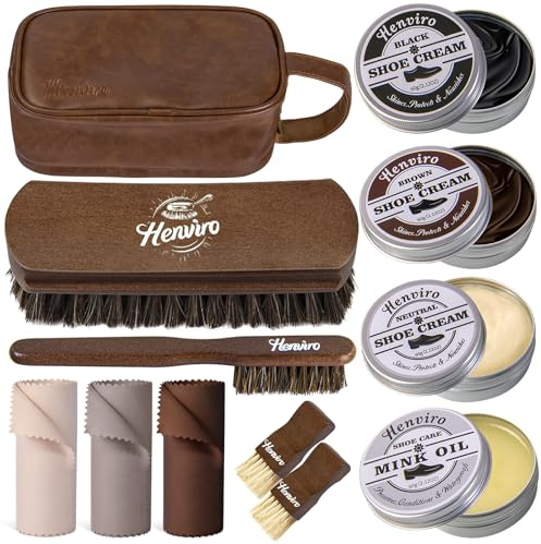 Henviro Leather Shoe Shine Kit - 12 PC Shoe Polish Kit, Leather Boot Care, Shoe Care Kit As Birthday