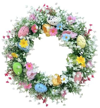 Couronne de Pâques, couronne d'oeufs de Pâques,Couronne de printemps artificielle | Décorations suspendues de couronne de feuilles vertes, décoration murale de maison pour manteau mural de porte, déco