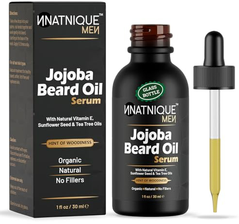 Natnique Jojoba Beard Oil for Men with Vitamin E & Tea Tree – Organic Conditioner & Growth Oil – Moisturizer for Facial Hair, Mustache & Dry Skin – Softener for Itch, Dandruff & Grooming Care – 1 oz