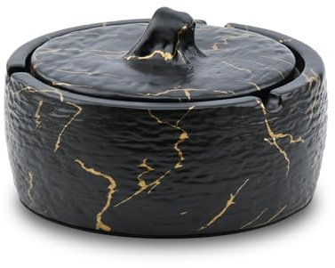 YoHyien Ceramic Ashtray with Lid for Outside & Inside, Waterproof & Windproof Outdoor Ashtray for Garden, Smell Proof Cigarette Ash Tray for Home, Office, and Patio (Black Gold)