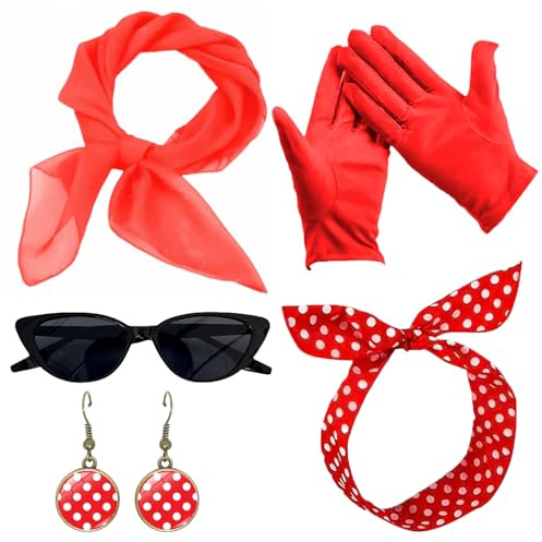 5 Pcs Set Accessori Anni 50,Accessori Per Costume Anni '50, Sciarpe di Chiffon, Cravatta per Capelli a Pois e Orecchini, Guanti a Pois,Occhiali Vintage Accessori Carnevale Donna, Vintage Accessori