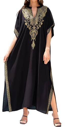 Bsubseach Kaftan för kvinnor, broderad och kortärmad, täckande plagg över bikini, strandkaftan med slits på sidan, strandkläder, klänning