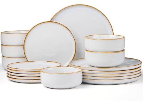 Joyfair Juego de vajilla para 6 personas, 18 piezas, de gres, esmalte reactivo, juego de vajilla con plato llano, platos de postre, cuencos de cereales, microondas y lavavajillas, color beige arenoso