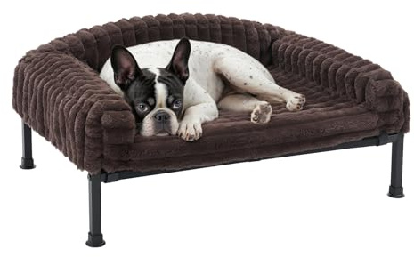 Veehoo Raised Dog Sofa Bed with Removable Bolster, Fluffy Elevated Dogs Bed Washable with Orthopedic Mattress, Dog Cat Sofa Non-Slip Feet for Puppy Kitten, Brown 60 x 45 x 10 cm