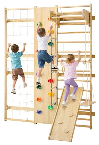 VEVOR schwedische Leiterwand 9 in 1 12-stufiges Kletterspielzeug aus Massivholz 100 kg belastbares Indoor-Klettergerüst mit Kletterwand Turnringen Klimmzugstange Rutsche Schaukel