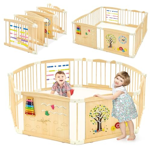 Foldable Wooden Play Yard – Adjustable Safety Gate with Lock, Portable Indoor Activity Center for Babies, Toddlers, Easy-Clean & Natural Finish, 63 x 63 x 24 inches
