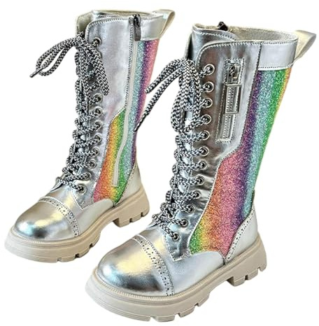 Girls Kids Knee High Boots Lace Up Boot Faux Leather Shoes Non-Slip Sole Platform Boots Waterproof Riding Booties Zip-Up Glitter Shoe Lightweight Boot Holiday Outdoor Dress Footwear