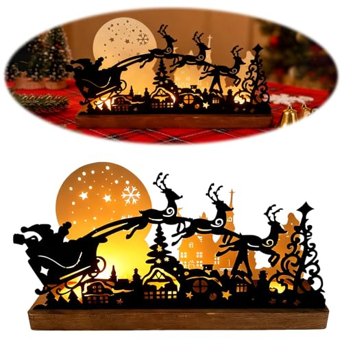 Portacandele Avvento Legno con Piatti in Metallo, Porta Candela Natalizio - Portacandele incisi al Laser con Albero di Natale, Slitta e Casa, Suggestiva Decorazione Natalizia per la Tavola, 32×8×16 cm