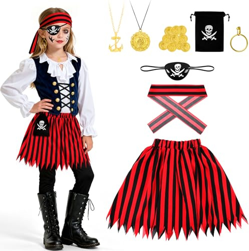 AOOWU Deguisement Pirate Enfant, 8PCS Ensemble de Costume Pirate avec Chapeau, Cache-œil et Accessoires de Pirates, Déguisement Pirates Garcon pour Carnaval Halloween Noël fête d'anniversaire Cosplay