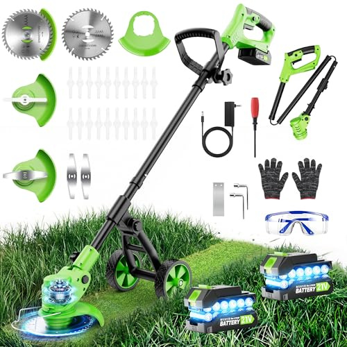 4-in-1 Cordless Weed Wacker with Wheels, 4000mAh Battery Powered Stringless Weed Eater, Brushless Grass Trimmer with 2 Batteries, 3 Blade, Adjustable Head, Lightweight Lawn Edger Brush Cutter