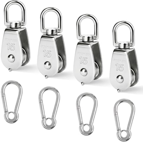 4 stålrullar M15 av rostfritt stål för rep, stålvajerrulle med 4 M4-karbiner till block och tackling för stålvajrar och rep upp till 6 mm diameter, lastkapacitet 35 kg (silver)