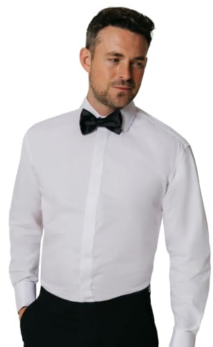 Dobell Mens White Tuxedo Dress Shirt Regular Fit Standard Collar Double Cuff Plain Fly Front-17