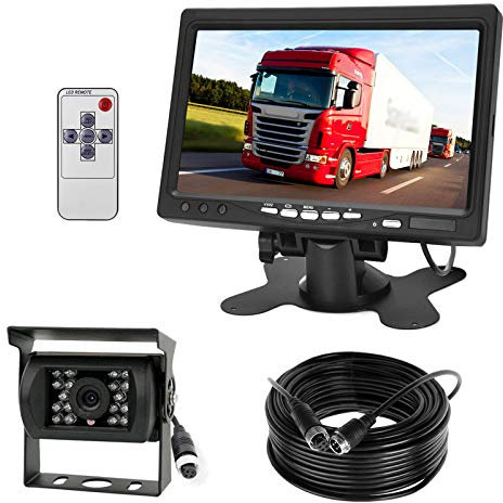 Reversing Camera Kit, 4 Pin 18LEDs Waterproof Night Vision Reverse Rear View Camera with 15M Aviation Cable+12V-24V 7 Color TFT LCD HD Car Monitor For Large Truck/Bus/RV/Trailer/Tractor/camper