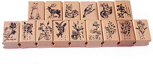Holz Stempel 15-Teilig Stempelset Gummi Tagebuch-Einklebebuch-Stempel stellte Tiere und Pflanzen-Waldmuster ein f¨¹r DIY Bastelbedarf