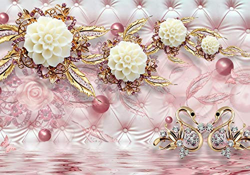 wandmotiv24 Fototapete Blumen gold Diamanten luxuriös rot, XXL 400 x 280 cm - 8 Teile, Wanddeko, Wandbild, Wandtapete, Wasser, Polster, rosa M1971