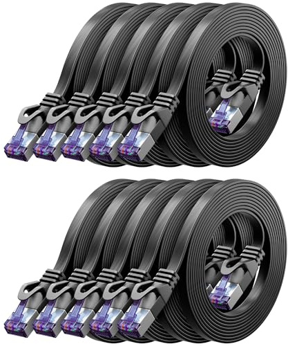 deleyCON 10x 1m Câble Réseau CAT7 plat (CAT 7 avec 10 Gbit/s) Gigabit LAN - RJ45 Ethernet Liaison Patch Longue Plate - pour Internet Switch Routeur Modem Panneau Patch - Noir
