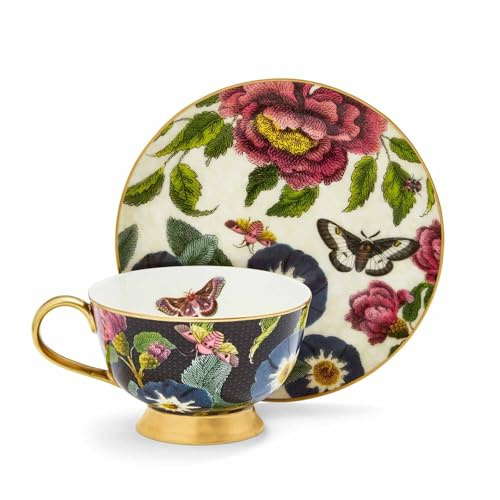 Spode x Creatures of Curiosity Dark Tea Cup and Saucer Set - Fine China Black & Cream Floral Design with 22-Carat Gold Detailing, Gift Boxed, Suitable for Elegant Dining or Display