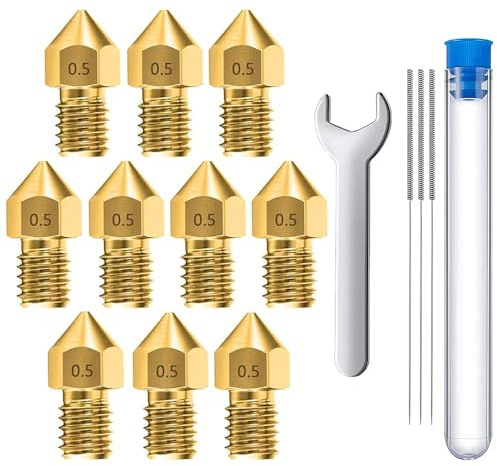 MMOBIEL 10 pièces MK8 en Laiton de 0,5 mm pour imprimante 3D, extrudeuse Compatible avec Les séries Creality Ender 3, Ender 5, CR-10/10S, Makerbot, Anet A8, incluant 3 Aiguilles de Nettoyage et Clé