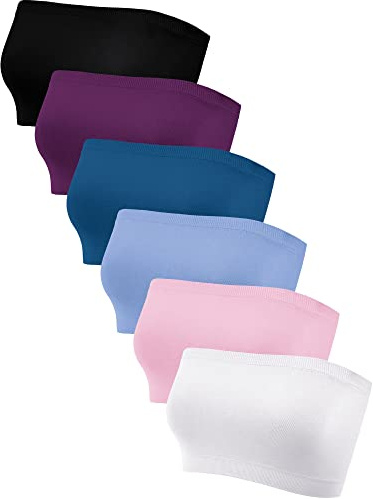 Geyoga 6 Pieces Strapless Bandeau Bras, Seamless Bralettes Stretchy Non Padded Tube Tops for Women(X-Large,White, Pink, Light Blue, Purplish Red, Black, Peacock Blue)