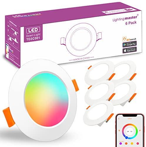 Led Downlights for Ceiling 3 inch 7W for Alexa,Bluetooth Smart Ceiling Spotlights by APP Control,Recessed Lights Warm to Daylight White Dimmable - Colour Changing RGB Lights (Cutout φ68-85mm) 6pack