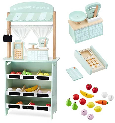 mamabrum Kaufladen Kinder & Theater-Set 2-in-1, Kaufmannsladen Holz - Marktstand mit Waage & Bezahlterminal, 16-teilbares Obst & Gemüse, Vorhang & Kreidetafel - Supermarkt für Kinder (21 Teile)