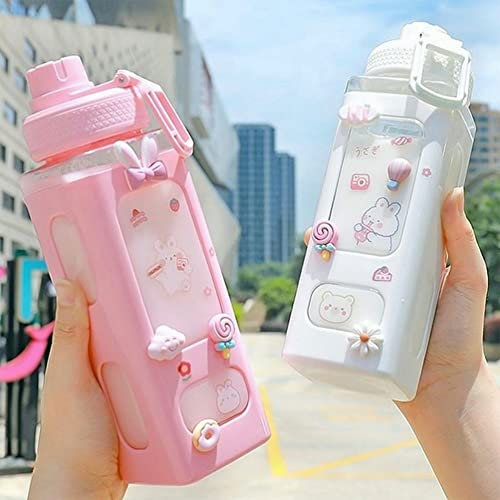 JHTPSLR Large Kawaii Water Bottle with Straw and 3D Stickers Cute Aesthetic Kawaii Bottle Milk Bottle Tea Cup Juice Portable Silicone Stirrer (700ml, Pink)