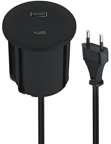 Electraline 62568 Tischplatte Grommet Einbausteckdose/Tischsteckdosenleiste/Tischsteckdose Power Delivery zum Laden von Computern + 1 typ A 3.0A Q.C. 3M Kabel, D54-60mm, Schwartz, 2 USB (A+C) PD 45W
