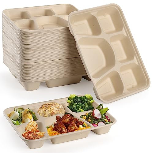 Peohud 50 Pack 6 Compartment Disposable Paper Plates, Rectangle Disposable Plates, Bagasse School Lunch Tray, Heavy-Duty Sugarcane Plates, Microwavable Safe