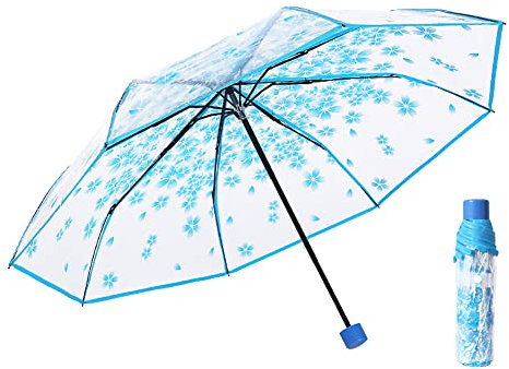 ISAKEN Transparent Regenschirm Damen Taschenschirme Durchsichtig Schirm Kirschblüte Stockschirm Sonnenschirm Klappschirme Blume Taschenschirm Kompakt für Winddicht, Regenschutz, Schatten